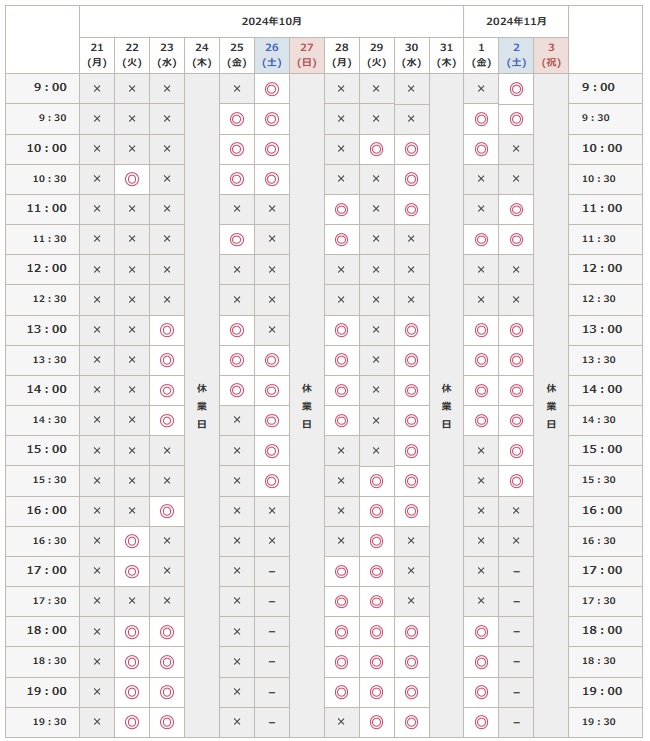 10月22日から11月2日までの予約空き状況