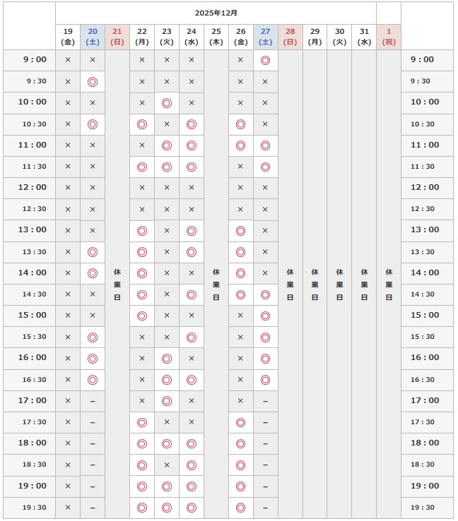 2025年12月20日から31日までの予約空き状況