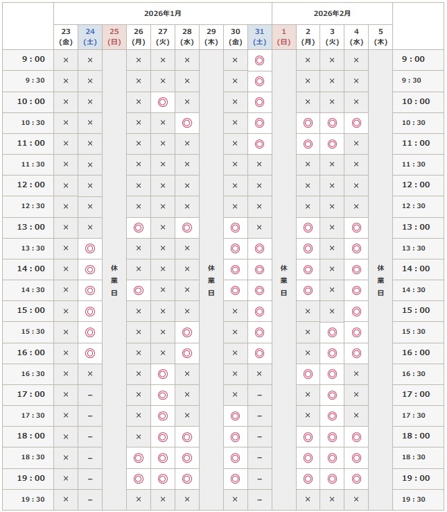 2026年1月24日から2月5日までの予約空き状況